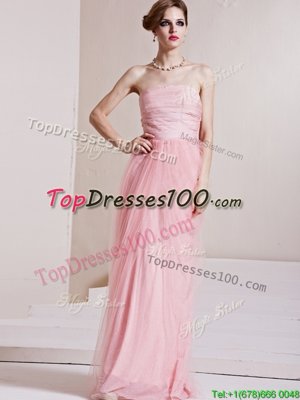 Dramatic Baby Pink Tulle Side Zipper Strapless Sleeveless Floor Length Prom Party Dress Ruching
