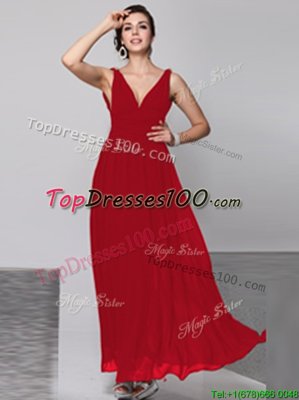 Top Selling Wine Red Chiffon Backless V-neck Sleeveless Floor Length Prom Evening Gown Beading
