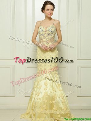 Custom Made Mermaid Light Yellow Spaghetti Straps Neckline Beading and Hand Made Flower Homecoming Dress Sleeveless Side Zipper