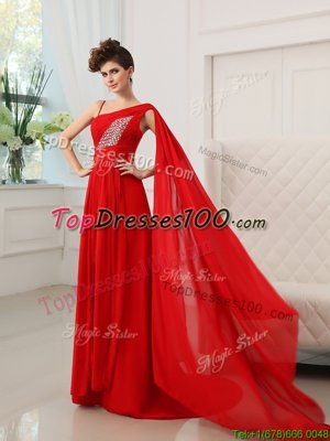 Delicate One Shoulder Red Sleeveless Court Train Beading and Ruching With Train Pageant Dress