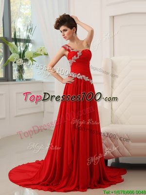 One Shoulder With Train Red Chiffon Sweep Train Sleeveless Beading and Ruching