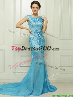 Mermaid Baby Blue Sleeveless Chiffon Brush Train Zipper Prom Evening Gown for Prom and Party