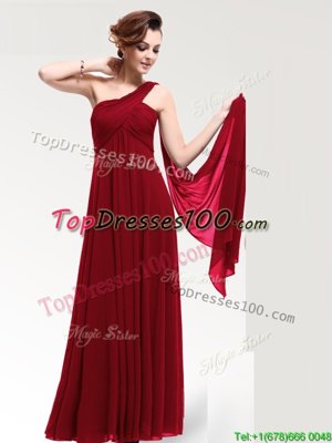 Elegant Wine Red One Shoulder Zipper Ruching Evening Dress Sleeveless