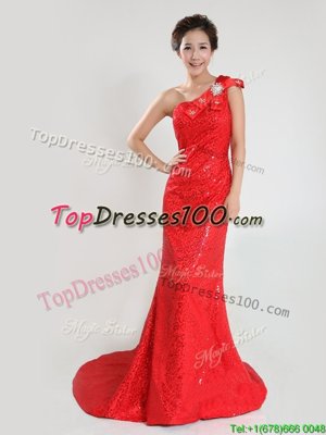 Coral Red A-line One Shoulder Sleeveless Sequined Sweep Train Zipper Sequins and Bowknot Evening Dress