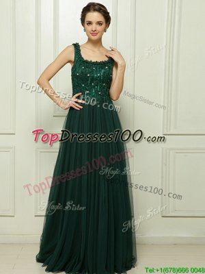 Dark Green Sleeveless Sweep Train Beading With Train