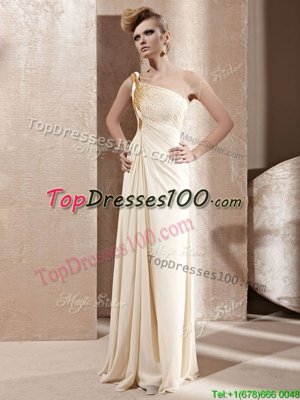 Modern One Shoulder Champagne Chiffon Side Zipper Evening Dress Sleeveless Floor Length Beading