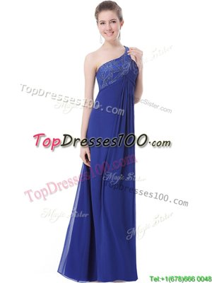 One Shoulder Floor Length Blue Evening Dress Chiffon Sleeveless Beading