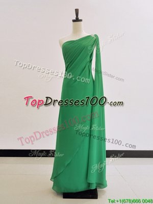 One Shoulder Floor Length Green Evening Dress Chiffon Long Sleeves Ruching