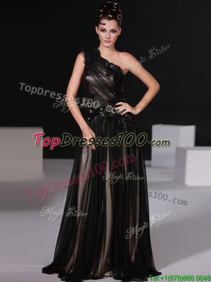 Affordable Chiffon One Shoulder Sleeveless Zipper Beading Prom Party Dress in Black