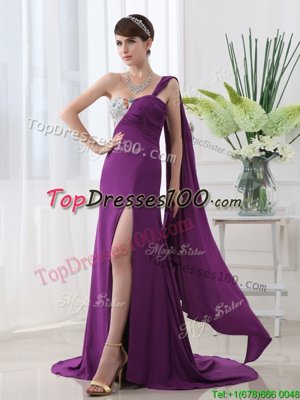 One Shoulder Sleeveless Brush Train Zipper Prom Party Dress Purple Elastic Woven Satin
