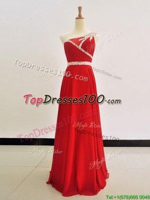 Chiffon One Shoulder Sleeveless Zipper Beading Prom Dress in Red