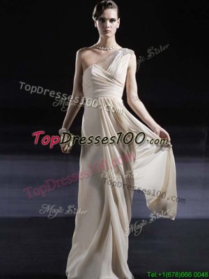 One Shoulder Champagne Sleeveless Floor Length Ruching Criss Cross Evening Dress