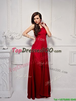 One Shoulder Sleeveless Floor Length Ruching and Hand Made Flower Side Zipper with Wine Red