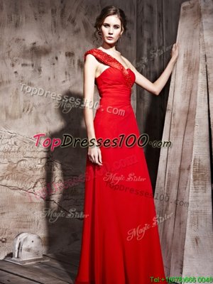 Red Taffeta Side Zipper Prom Dresses Sleeveless Floor Length Beading