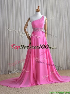 Rose Pink Lace Up One Shoulder Beading Glitz Pageant Dress Chiffon Sleeveless Brush Train