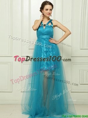 Halter Top Sleeveless With Train Belt Criss Cross Prom Dress with Teal Brush Train