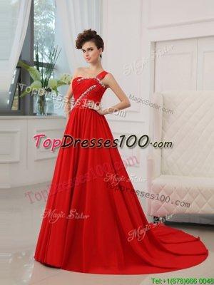 Unique Red Silk Like Satin Zipper One Shoulder Sleeveless Prom Dresses Court Train Beading and Ruching