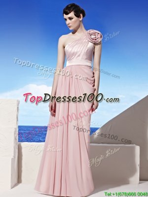 Beauteous One Shoulder Sleeveless Chiffon Floor Length Side Zipper in Pink for with Ruching and Hand Made Flower