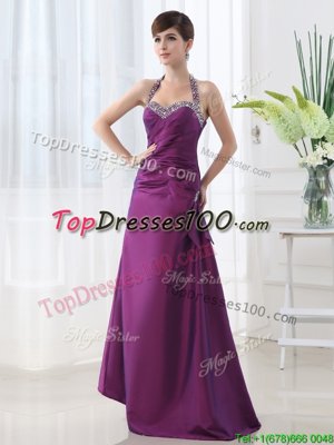 Floor Length Purple Dress for Prom Halter Top Sleeveless Lace Up