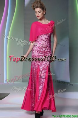 Mermaid Scoop Sleeveless Tulle Floor Length Zipper Prom Evening Gown in Hot Pink for with Beading