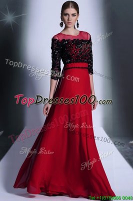 Scoop Red And Black 3|4 Length Sleeve Beading and Appliques Floor Length Evening Dress