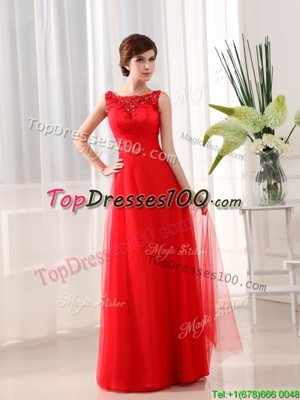 Coral Red Empire Scoop Sleeveless Tulle Floor Length Zipper Beading and Appliques Prom Gown
