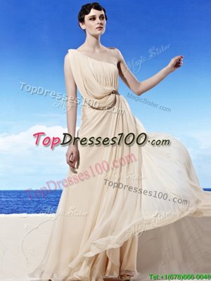 Champagne One Shoulder Neckline Beading and Ruching Evening Dress Sleeveless Side Zipper