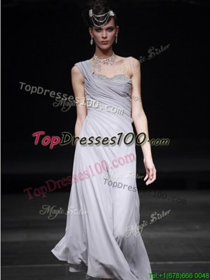 Affordable Silver Chiffon Side Zipper Sweetheart Sleeveless Floor Length Ruching