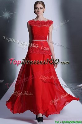 Red Column/Sheath Scalloped Sleeveless Chiffon Floor Length Side Zipper Beading and Lace Prom Dresses