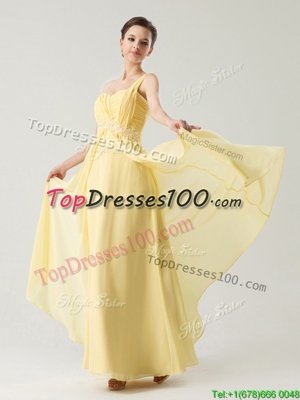 Light Yellow Ball Gowns Chiffon One Shoulder Sleeveless Beading and Ruching Ankle Length Zipper Prom Evening Gown