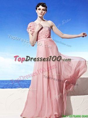 Excellent One Shoulder Sleeveless Chiffon Floor Length Side Zipper in Pink for with Beading