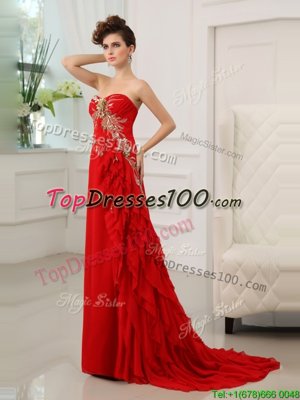 With Train Red Evening Outfits Chiffon Brush Train Sleeveless Beading and Appliques and Ruffled Layers
