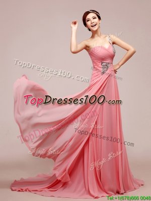 Customized Sweetheart Sleeveless Evening Dress Floor Length Beading and Ruching Watermelon Red Chiffon