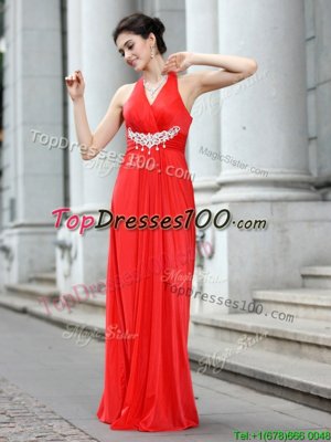 Romantic Coral Red Zipper V-neck Beading Evening Dress Chiffon Sleeveless