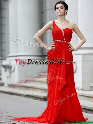 Red Chiffon Zipper One Shoulder Sleeveless With Train Prom Party Dress Brush Train Beading and Ruching