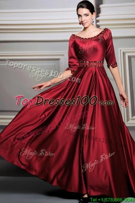 High End Red Evening Dresses Prom and Party and For with Beading and Belt Bateau Half Sleeves Brush Train Zipper