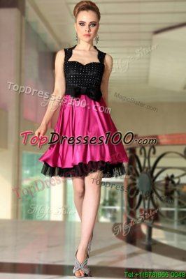 Pink And Black Satin Side Zipper Straps Sleeveless Knee Length Party Dress for Girls Beading