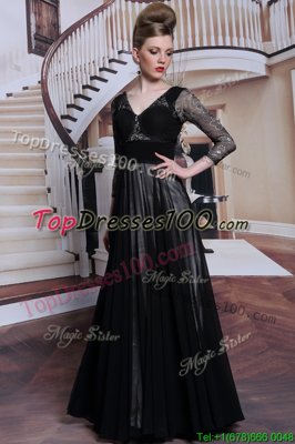 Floor Length Black Prom Dress Chiffon 3|4 Length Sleeve Beading