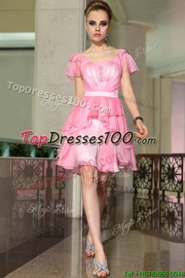 Sophisticated Rose Pink Empire Square Cap Sleeves Chiffon Mini Length Side Zipper Belt Party Dresses
