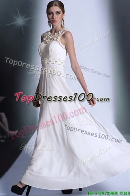 White Scoop Zipper Beading and Hand Made Flower Prom Evening Gown Sleeveless