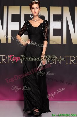 Comfortable Scoop Half Sleeves Chiffon Floor Length Backless in Black for with Lace and Ruching