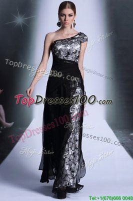 Most Popular Lace Black One Shoulder Neckline Embroidery Dress for Prom Sleeveless Side Zipper