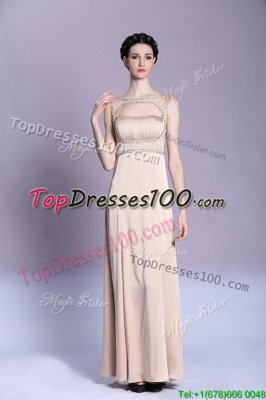 Affordable Bateau Sleeveless Prom Party Dress Floor Length Beading and Ruching Peach Satin