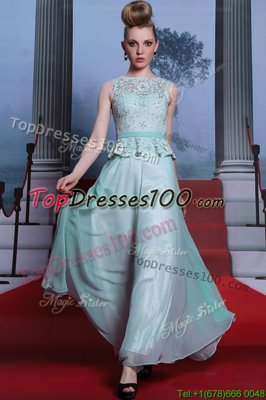 Custom Design Scoop Sleeveless Prom Party Dress Floor Length Lace and Belt Light Blue Chiffon
