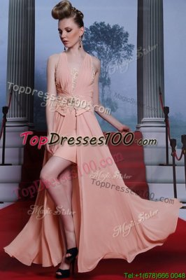 Attractive Empire Prom Party Dress Pink V-neck Chiffon Sleeveless Floor Length Clasp Handle