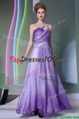 Cute One Shoulder Lavender Chiffon Side Zipper Sleeveless Floor Length Beading and Ruching