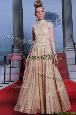 Designer Sleeveless Chiffon Floor Length Zipper Dress for Prom in Peach for with Beading and Sequins