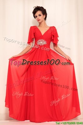 Floor Length Red Evening Dress V-neck Short Sleeves Zipper