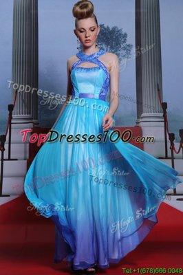 Blue Chiffon Zipper Scoop Sleeveless Floor Length Beading and Belt