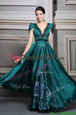 Floor Length Zipper Evening Dress Dark Green and In for Prom and Party with Beading and Embroidery and Belt